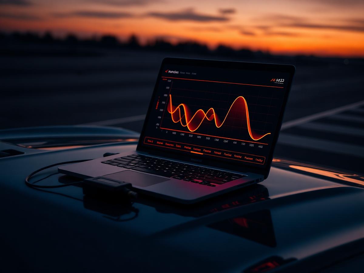Laptop mit Leistungskurve auf einer Motorhaube