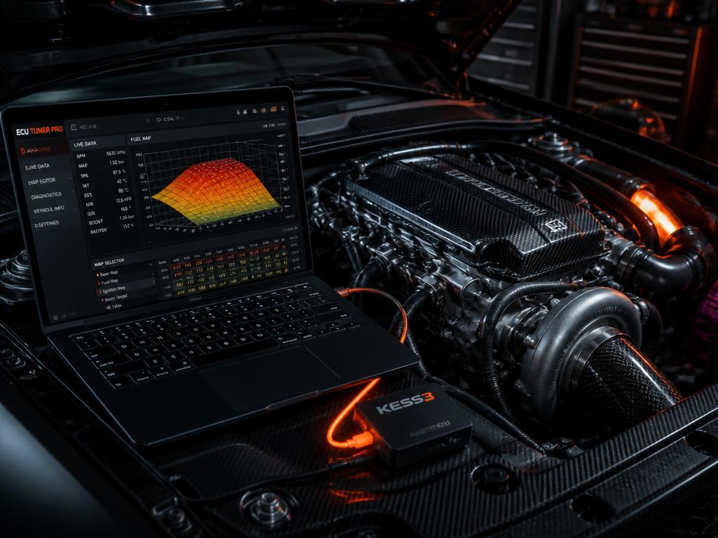Diagnosegerät wird im Motorraum eines PKW angeschlossen
